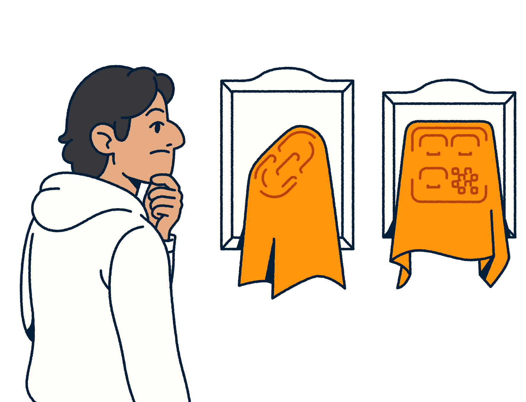 Person looking at framed link and QR code icons covered by orange drapes